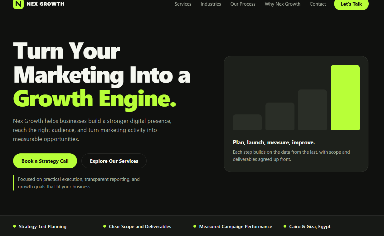 Screenshot of the Nex Growth homepage, supplied by Abdo.